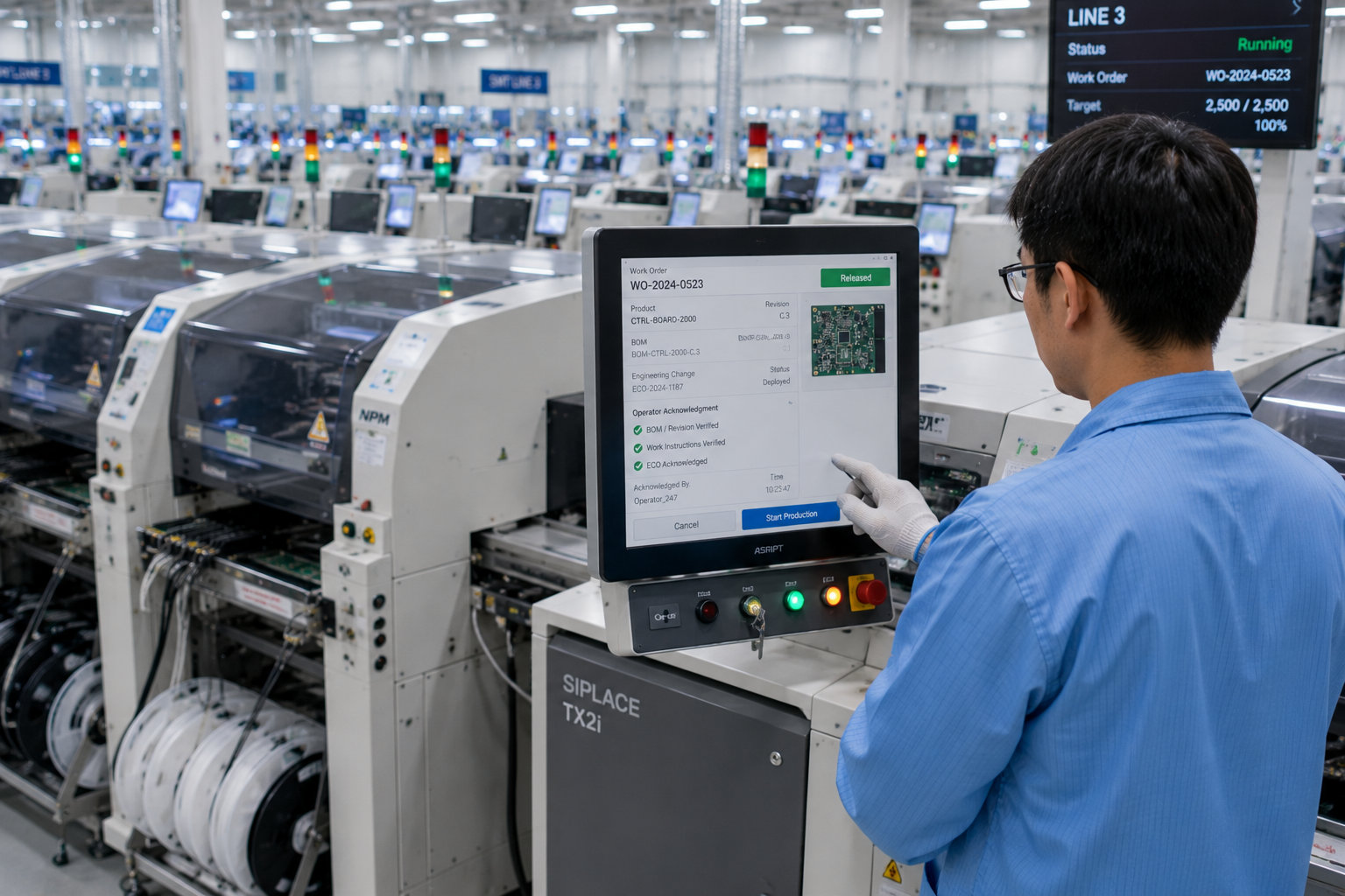 Production operator confirming a digital work order at an SMT manufacturing station before starting a new production run
